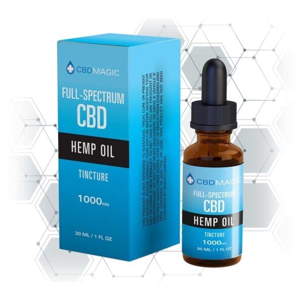 picture of box and dropper bottle containing 1000mg of full spectrum cbd hemp oil tincture by cbdmagic