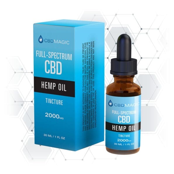 picture of box and dropper bottle containing 2000mg of full spectrum cbd hemp oil tincture by cbdmagic