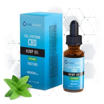 picture of box and dropper bottle containing 4000mg of peppermint full spectrum cbd hemp oil tincture by cbdmagic