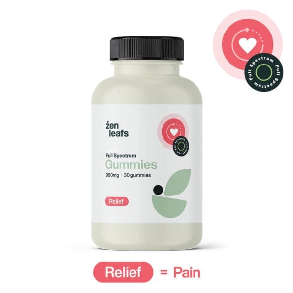 picture of bottle of full spectrum cbd gummies for pain relief 900mg by zen leafs