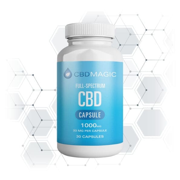 bottle of 30 capsules each containing 33mg full spectrum cbd for pain 1000mg total
