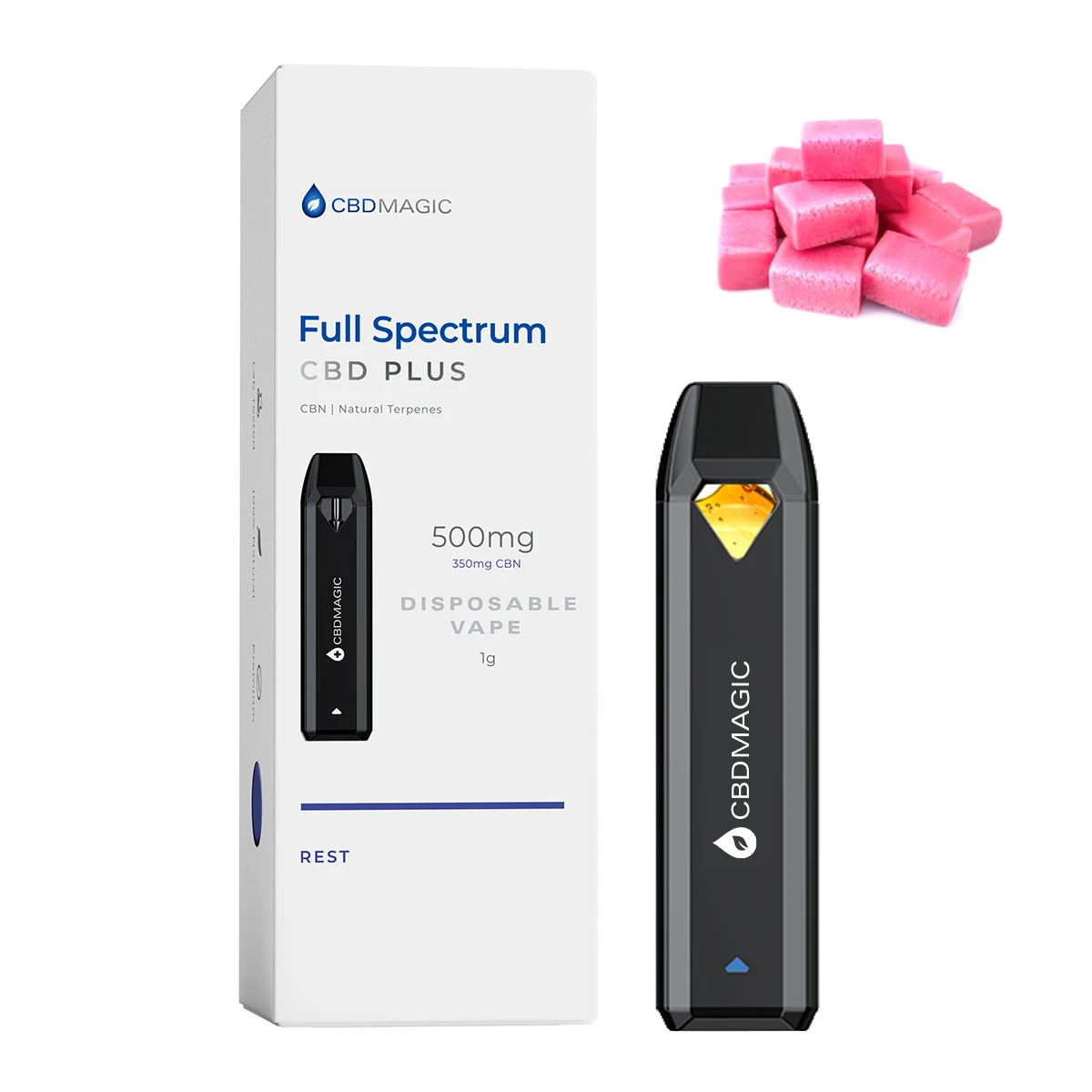 photo de Vape jetable Full Spectrum CBD + CBN pour le repos 500mg et boîte par cbdmagic (Bubblegum Terpene)