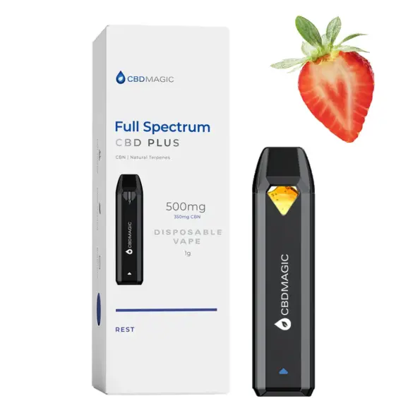 picture of disposable Full Spectrum CBD + CBN Vape for Rest 500mg and box by cbdmagic (Strawberry Terpene)