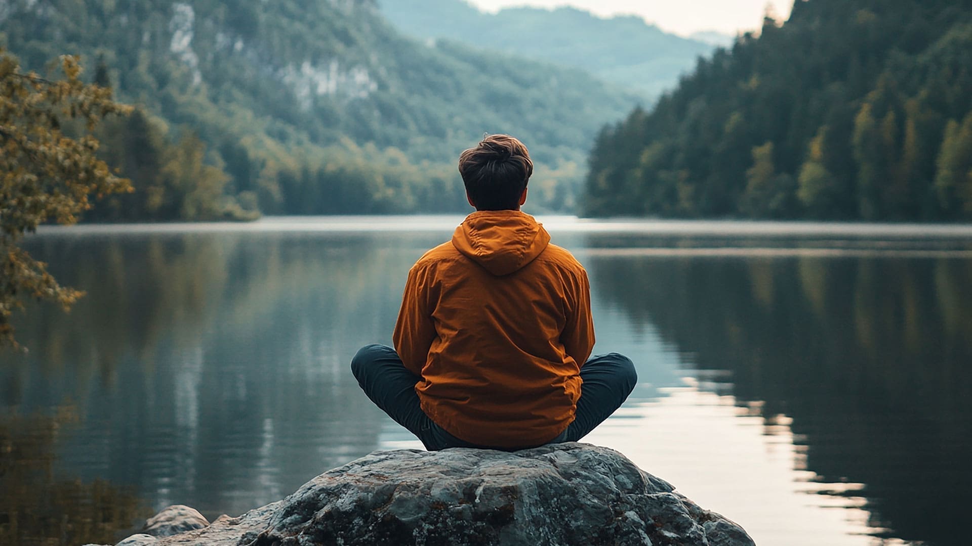 picture of man sitting on a rock meditating while looking at a lake